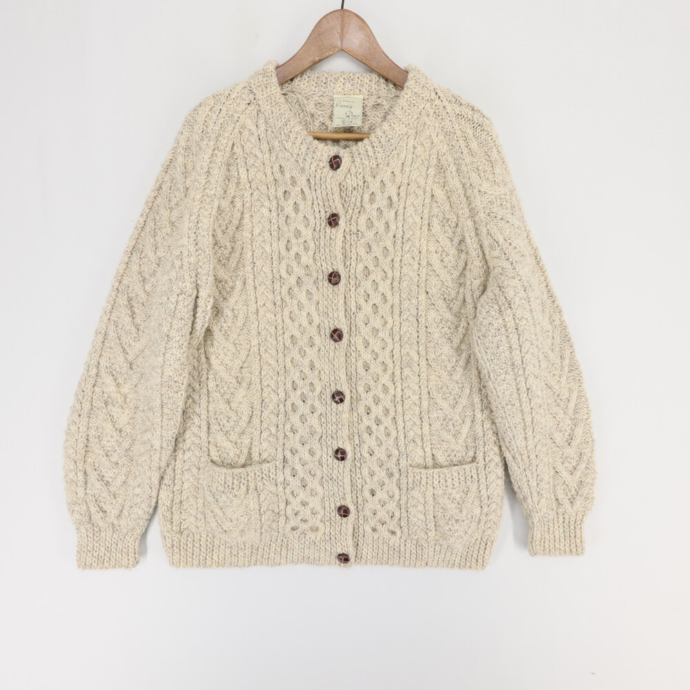 Vintage Carraig Donn Cardigan Sweater Womens L Beige Heather Aran Cable Knit